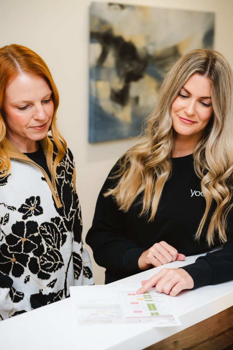 Our Nurse Practitioner, Nikki Keserich going over a patient report with her Procedure Nurse, Chelsea Misch.