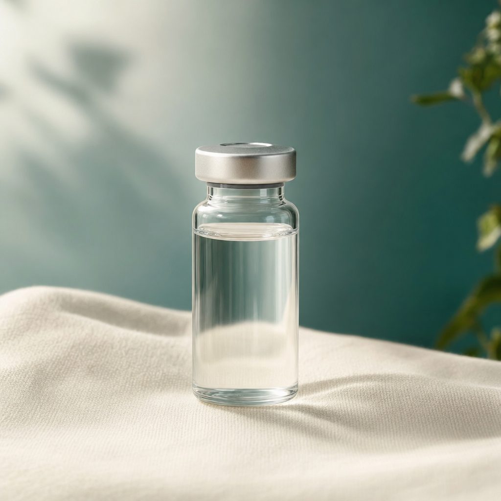 Clear unmarked peptide vial on cream linen surface with warm teal lighting, Yoo Direct Health functional medicine peptide therapy image