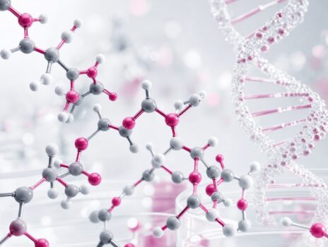Molecular peptide structure and DNA helix representing MK-677 Ibutamoren peptide therapy