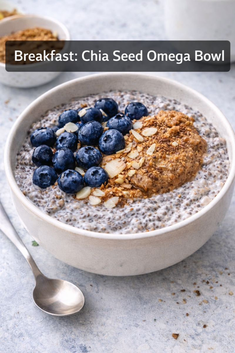 Chia seed omega 3 breakfast bowl with blueberries and flaxseed