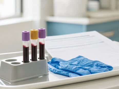 Blood collection tubes in a rack beside a lab requisition form on a clinic tray