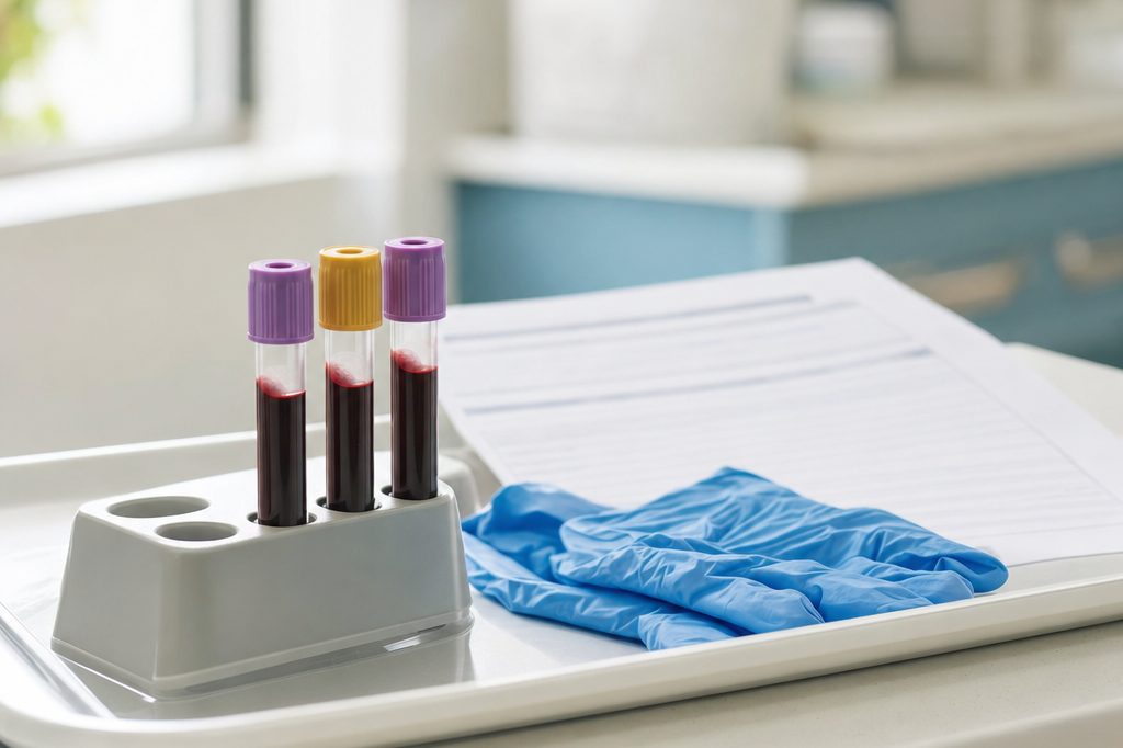 Blood collection tubes in a rack beside a lab requisition form on a clinic tray