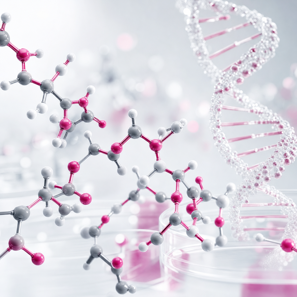 Molecular peptide structure and DNA helix representing MK-677 Ibutamoren peptide therapy