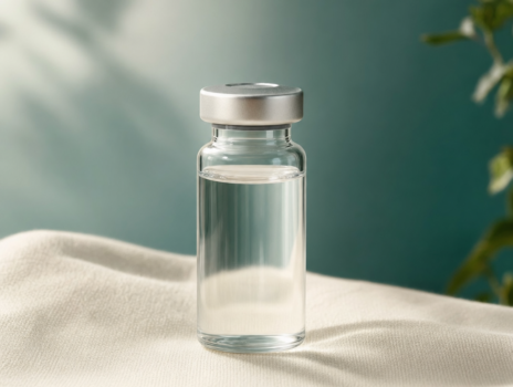 Clear unmarked peptide vial on cream linen surface with warm teal lighting — Yoo Direct Health functional medicine peptide therapy image